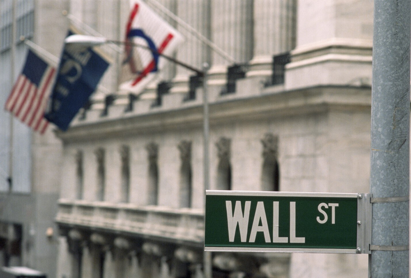 The Wall Street signpost with the NYSE building