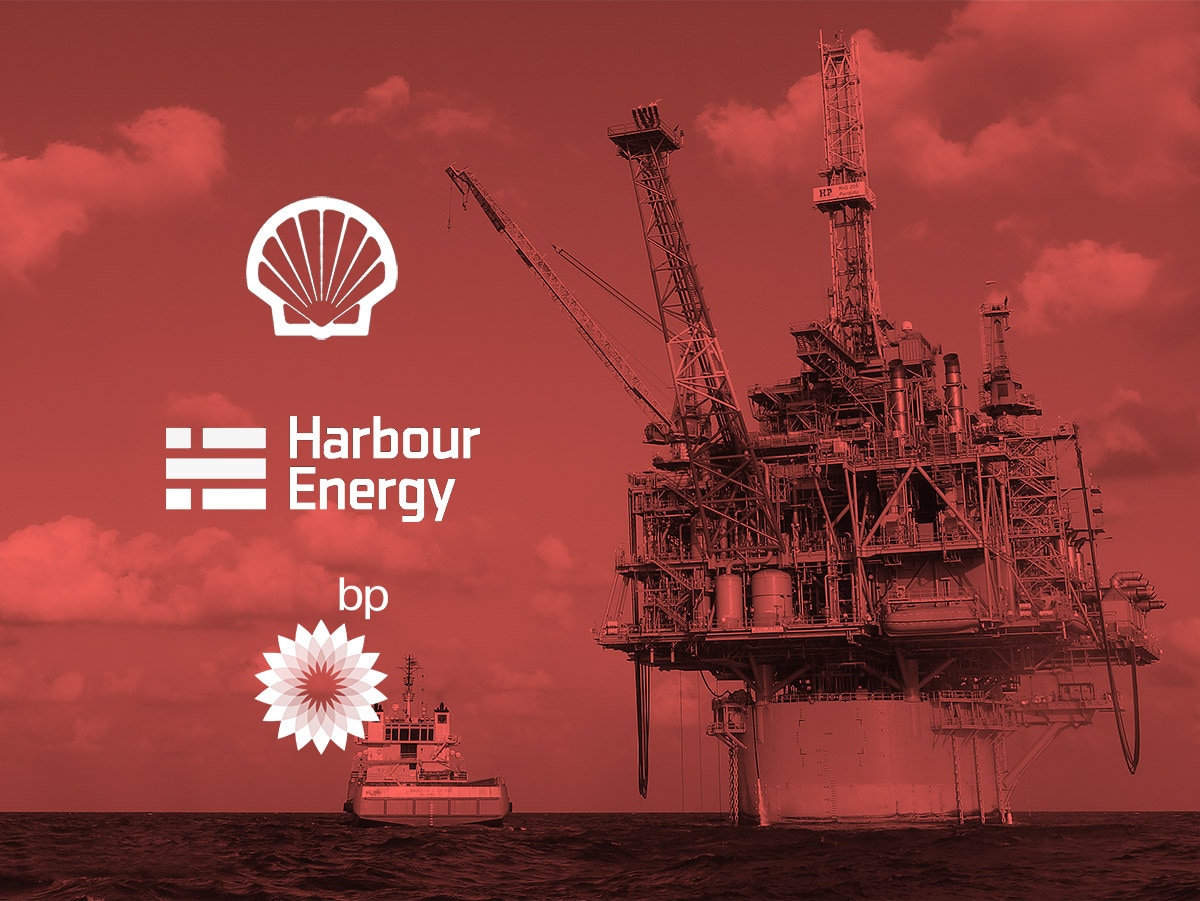 The logos of Shell, BP and Harbour Energy appear above an image of an oilrig.