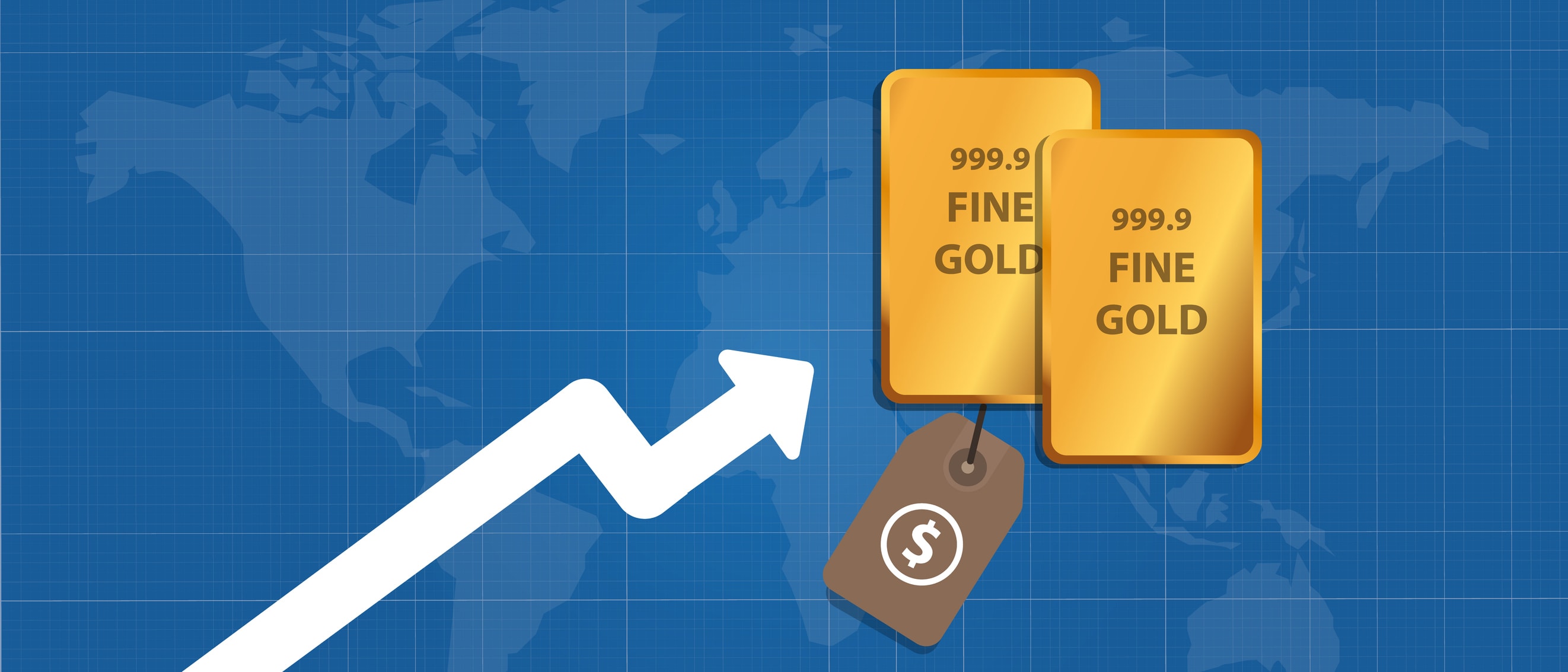 Gold bars superimposed over a world map, next to an arrow representing a price chart.