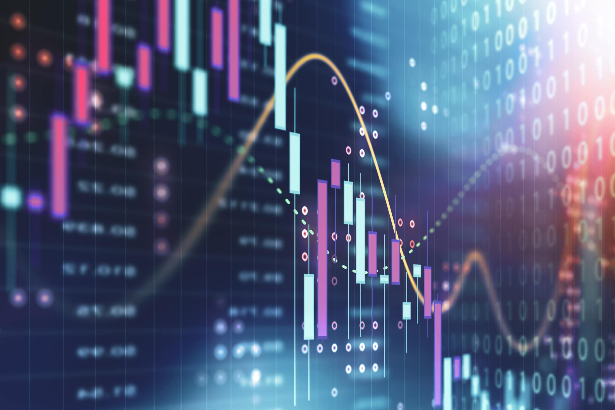 A financial chart laid over a series of price tickers.