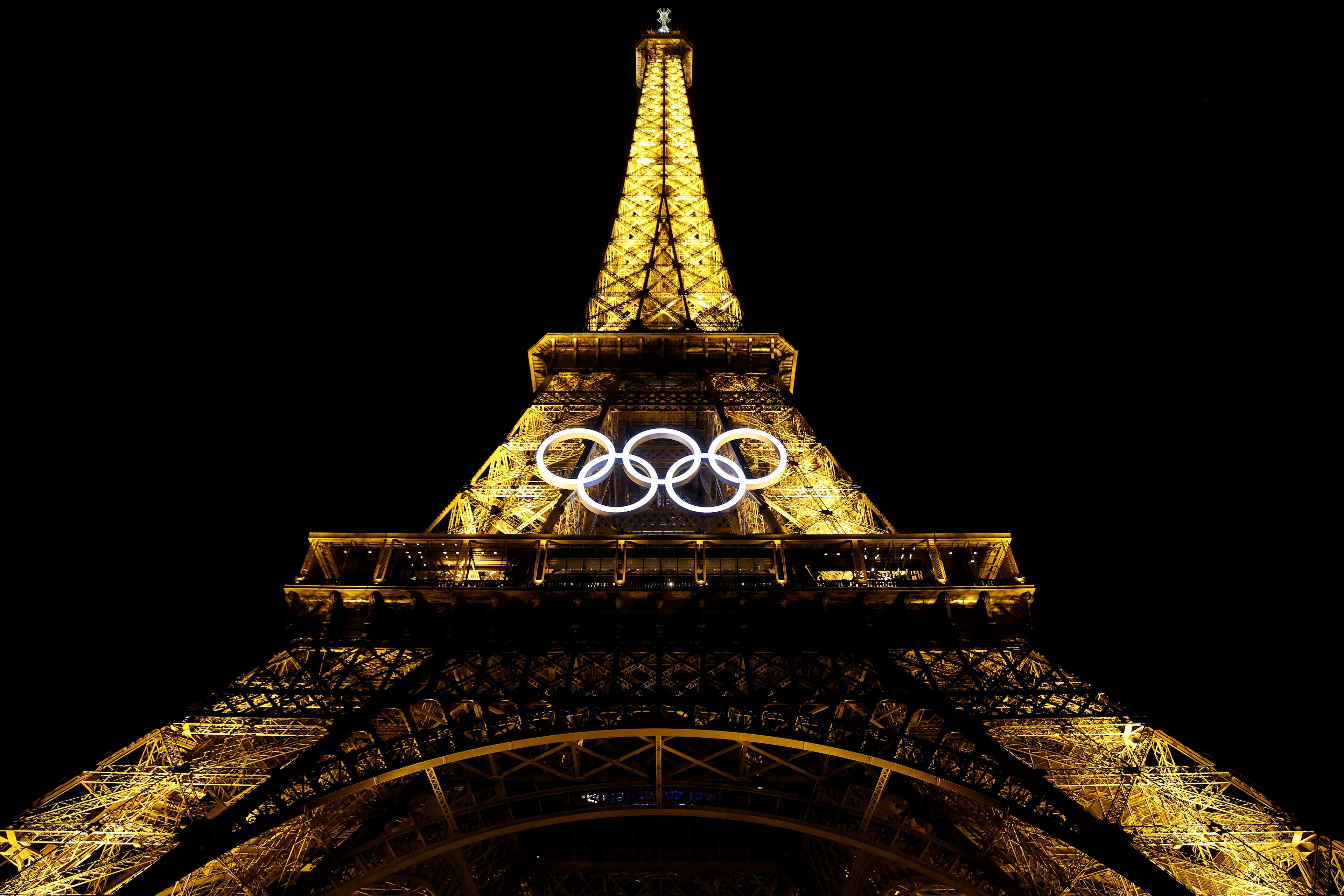 The Eiffel Tower, decorated with the Olympic logo.