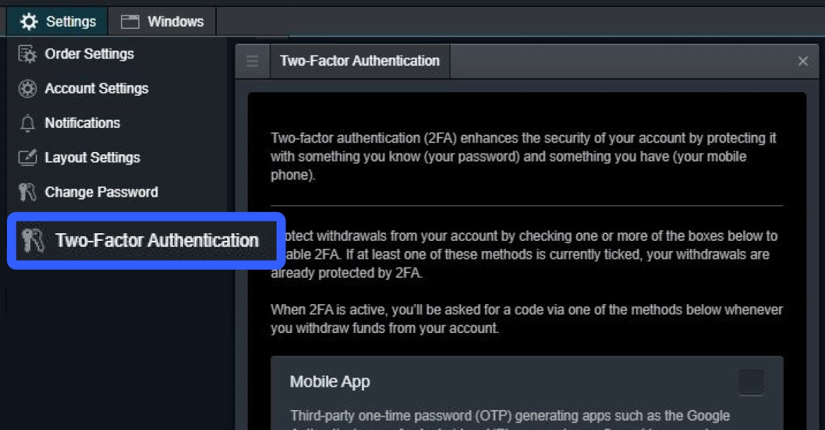 Two-factor authentication (2FA) on the NextGen CFD desktop platform