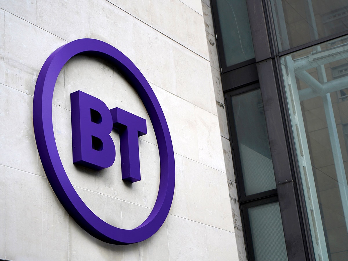 BT share price: BT's logo is seen at the entrance to their UK office.