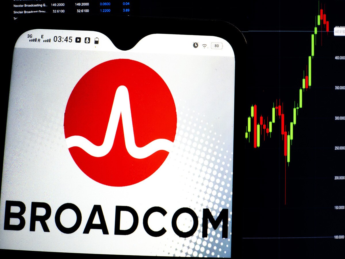 Broadcom logo on a mobile device in front of a trading chart