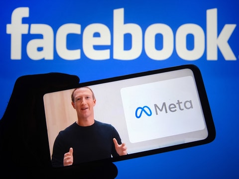 Meta Platforms share price: Facebook founder Mark Zuckerberg with the Meta logo in the backround.