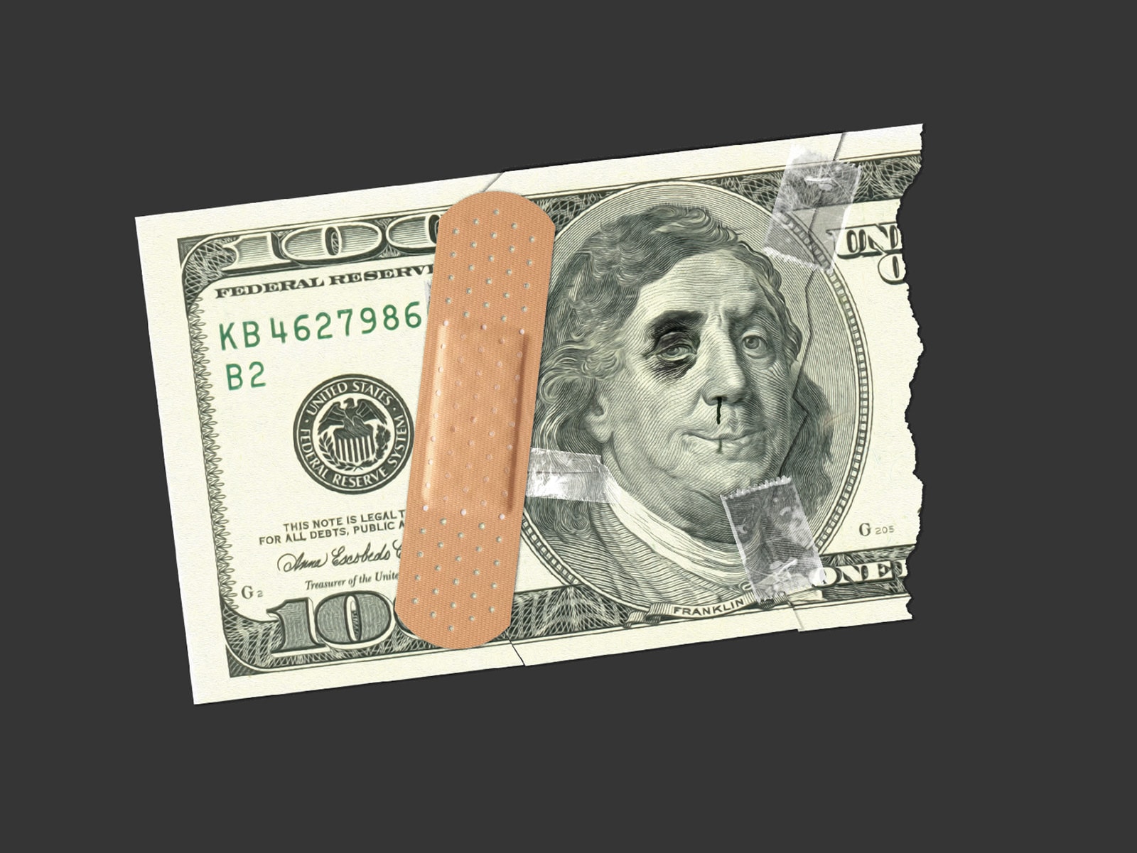 US dollar note with a plaster and a black eye