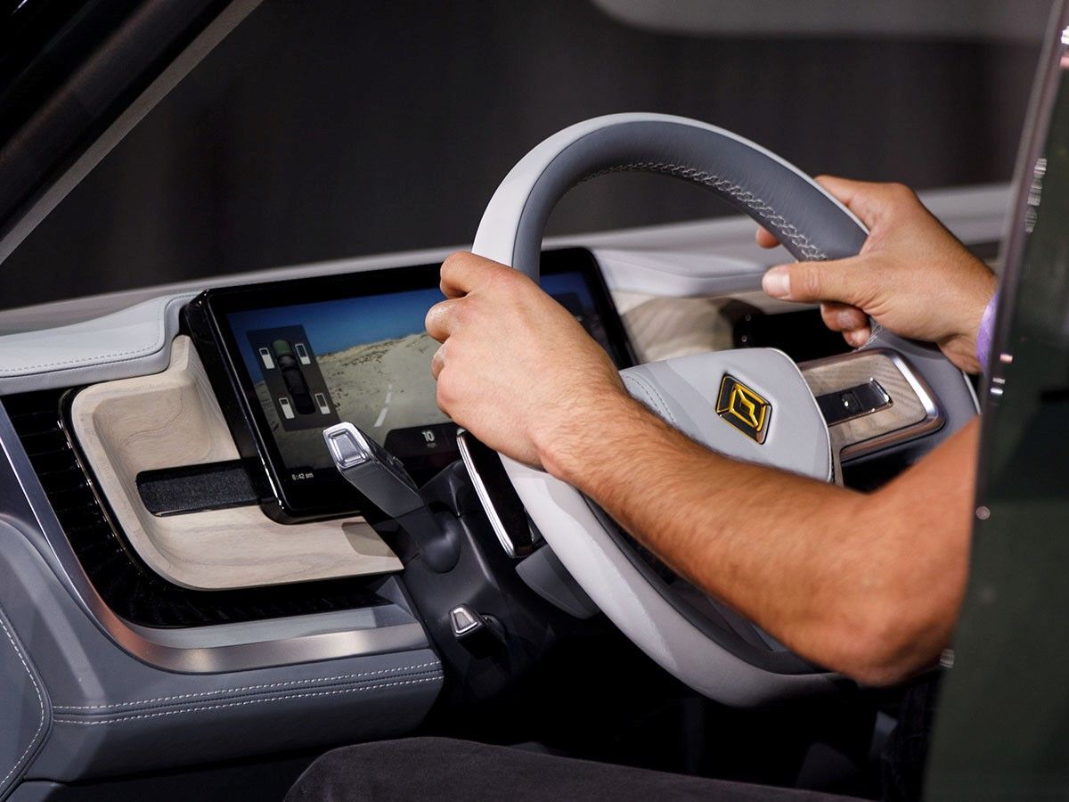 Rivian IPO - a close-up of the steering wheel of an electric vehicle