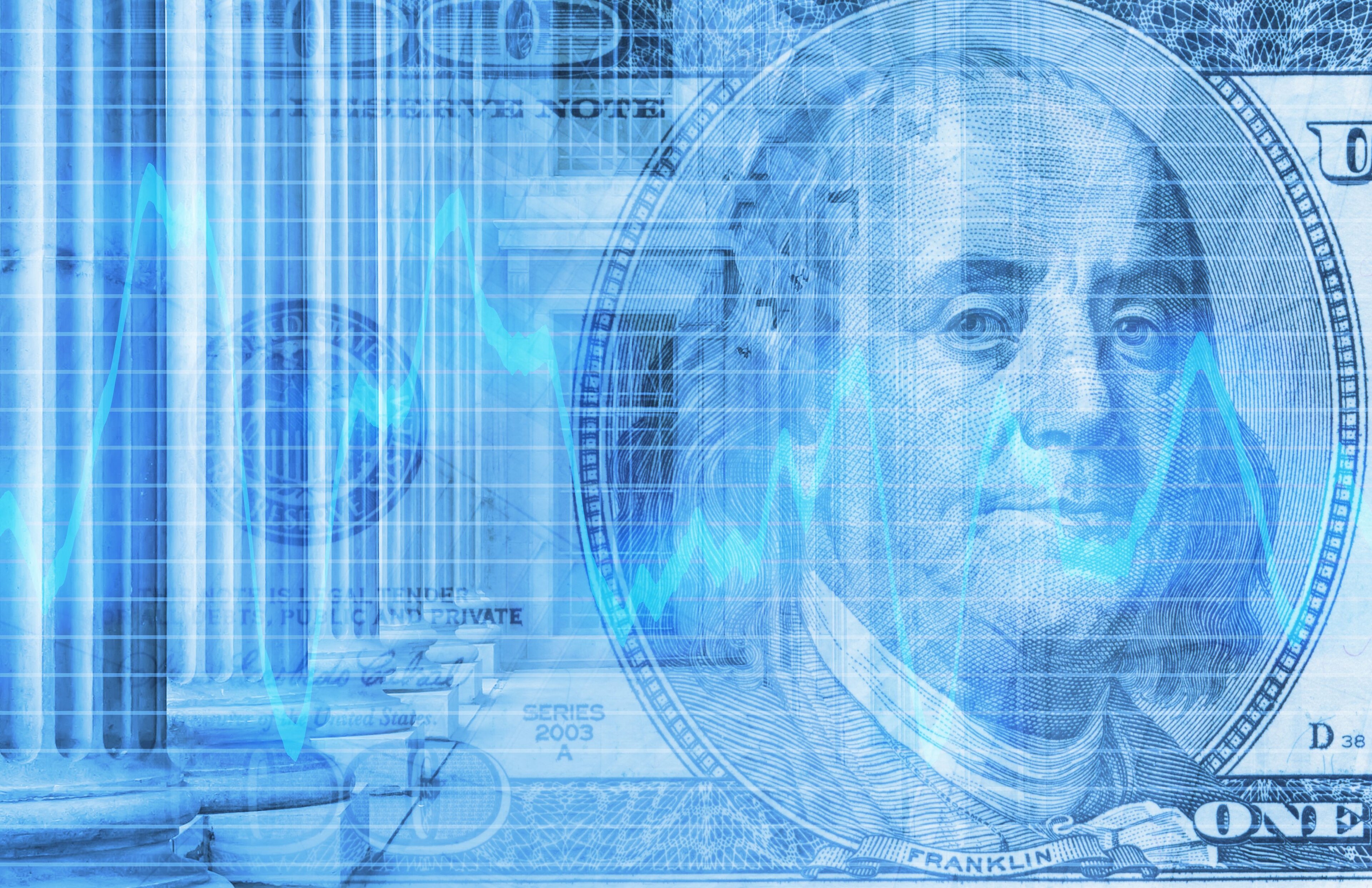 An abstract image of a US dollar bill with Wall Street in the background