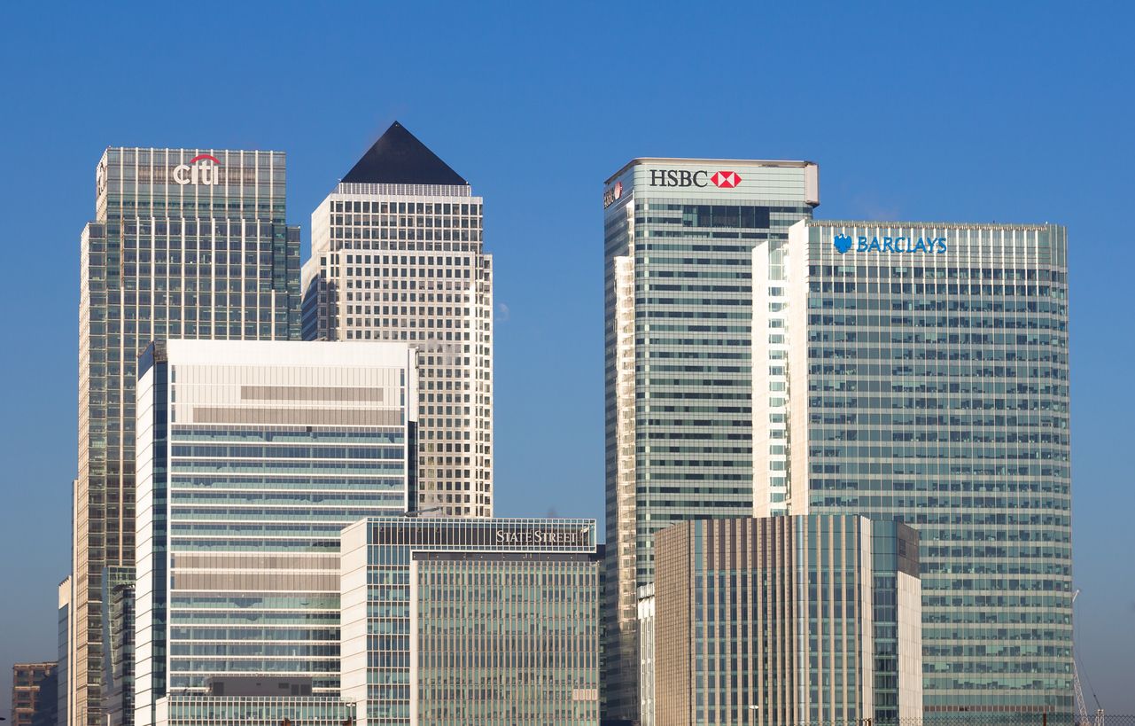 Canary Wharf with HSBC and Barclays buildings