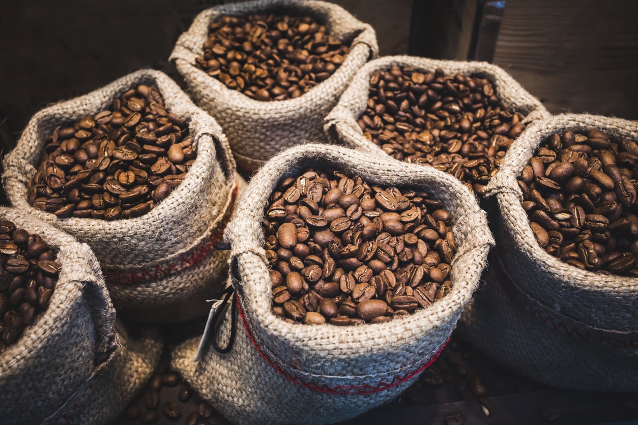Sacks filled with coffee beans.