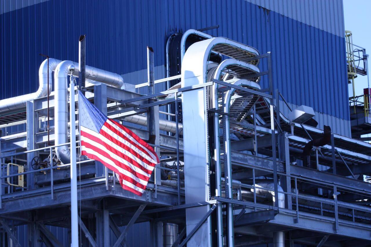 This industrial manufacturing plant flies the american flag out front proudly