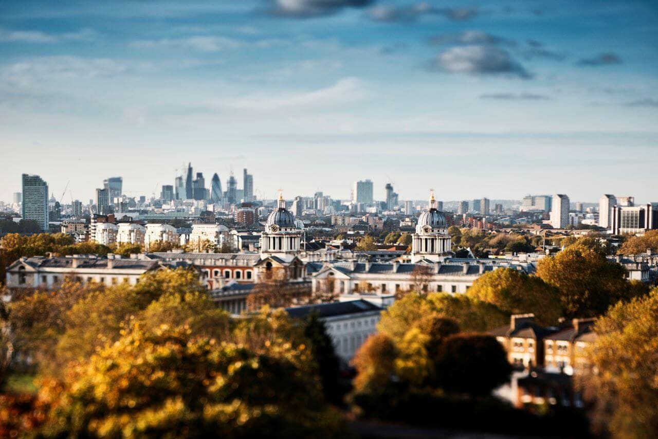 London Skyline and the City from Greenwich Park with the Royal Naval College