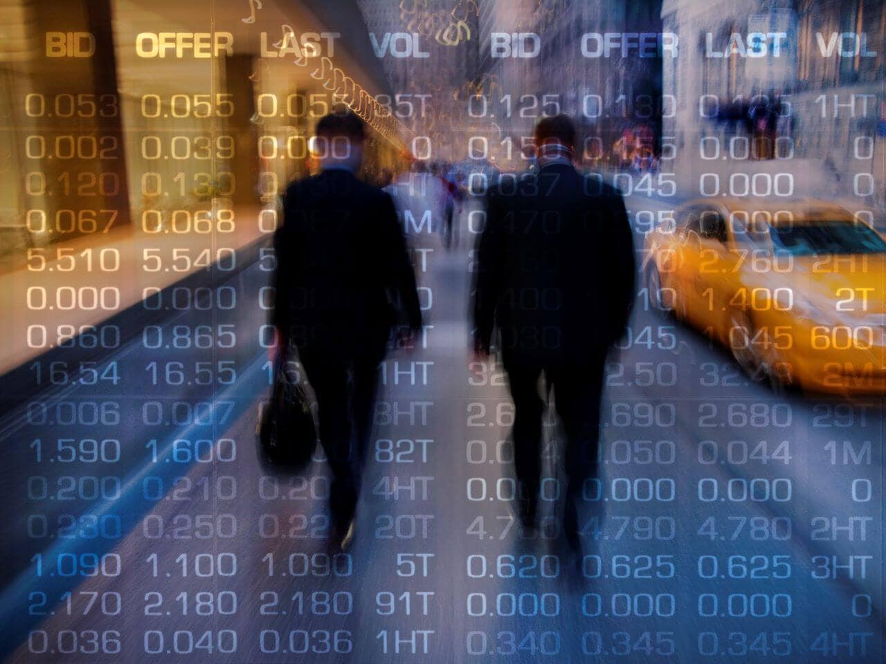 USA New York, Manhattan, two businessmen walking to work in mid town Manhattan with a stock price display panel overlay
