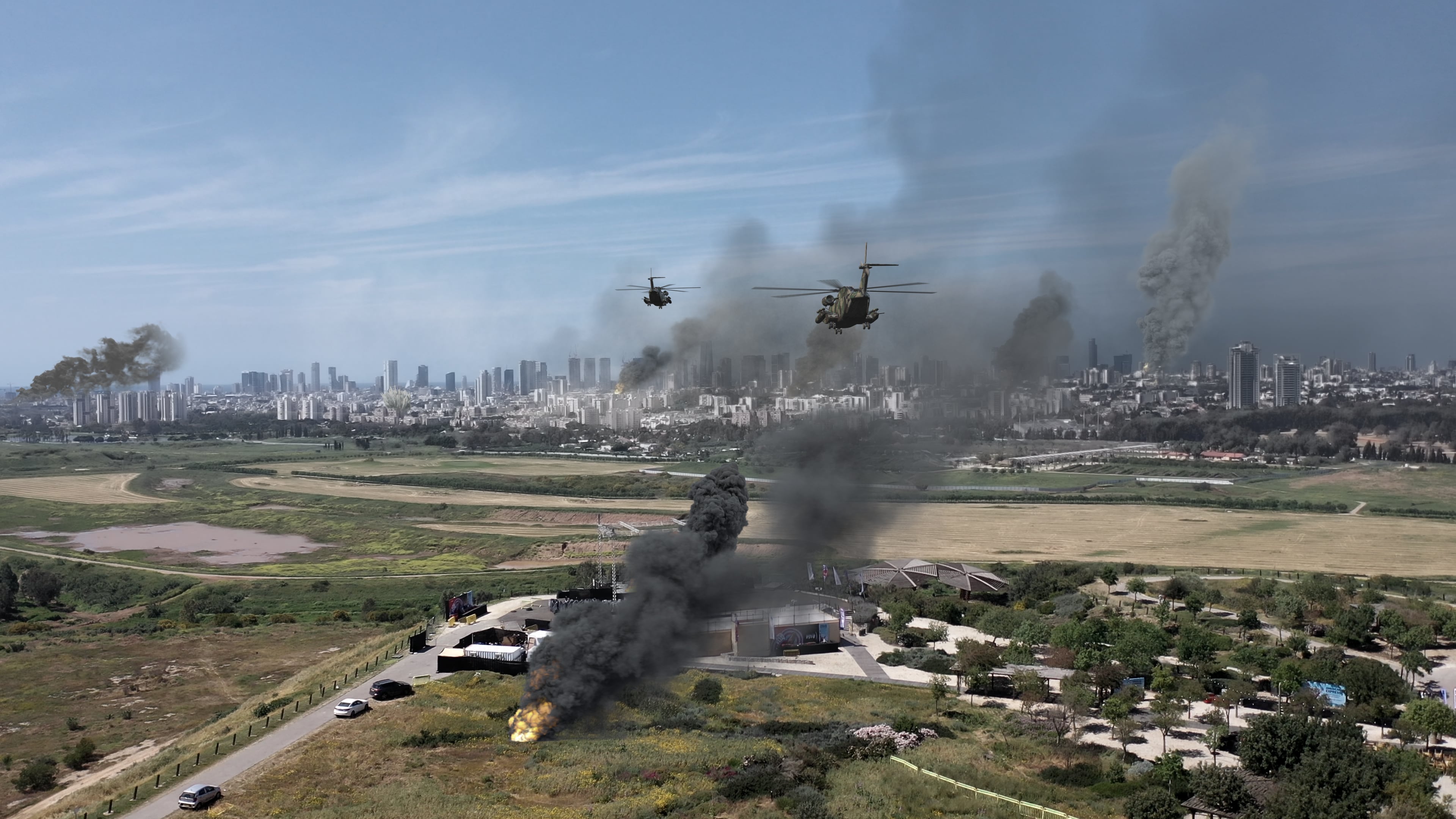 Israeli helicopters flying towards Tel Aviv and over smoking buildings