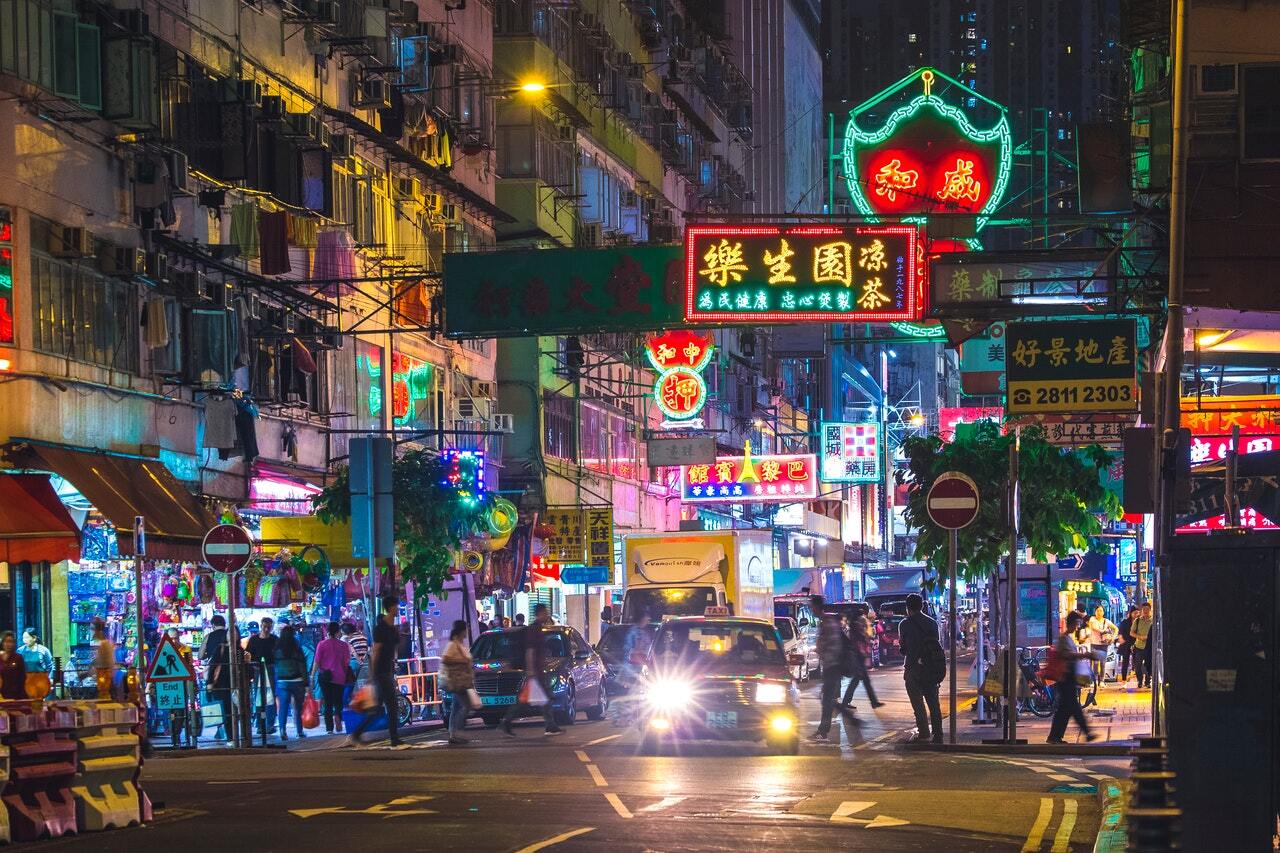 hong kong city streetscape and lights at night