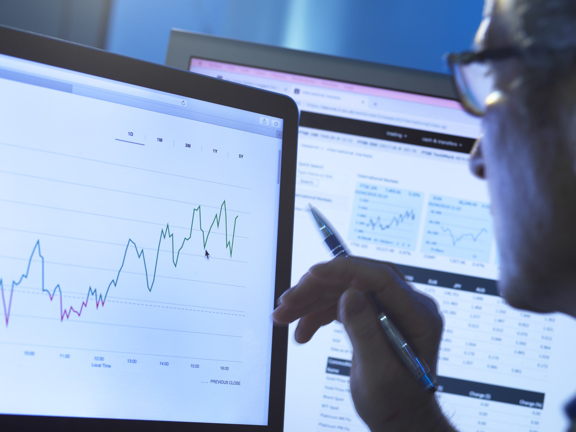 A man holding a pen studies charts on computer screens