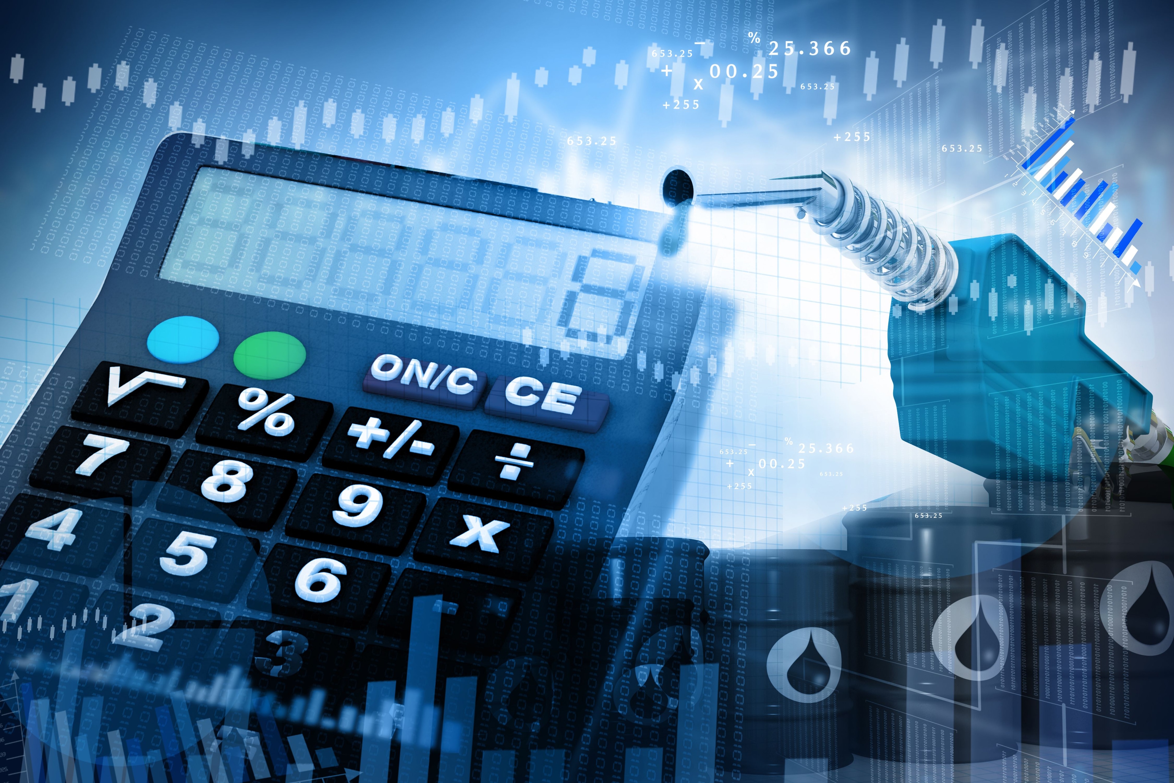 Numerous images superimposed over each other: oil barrels, a gas pump, a calculator and financial charts