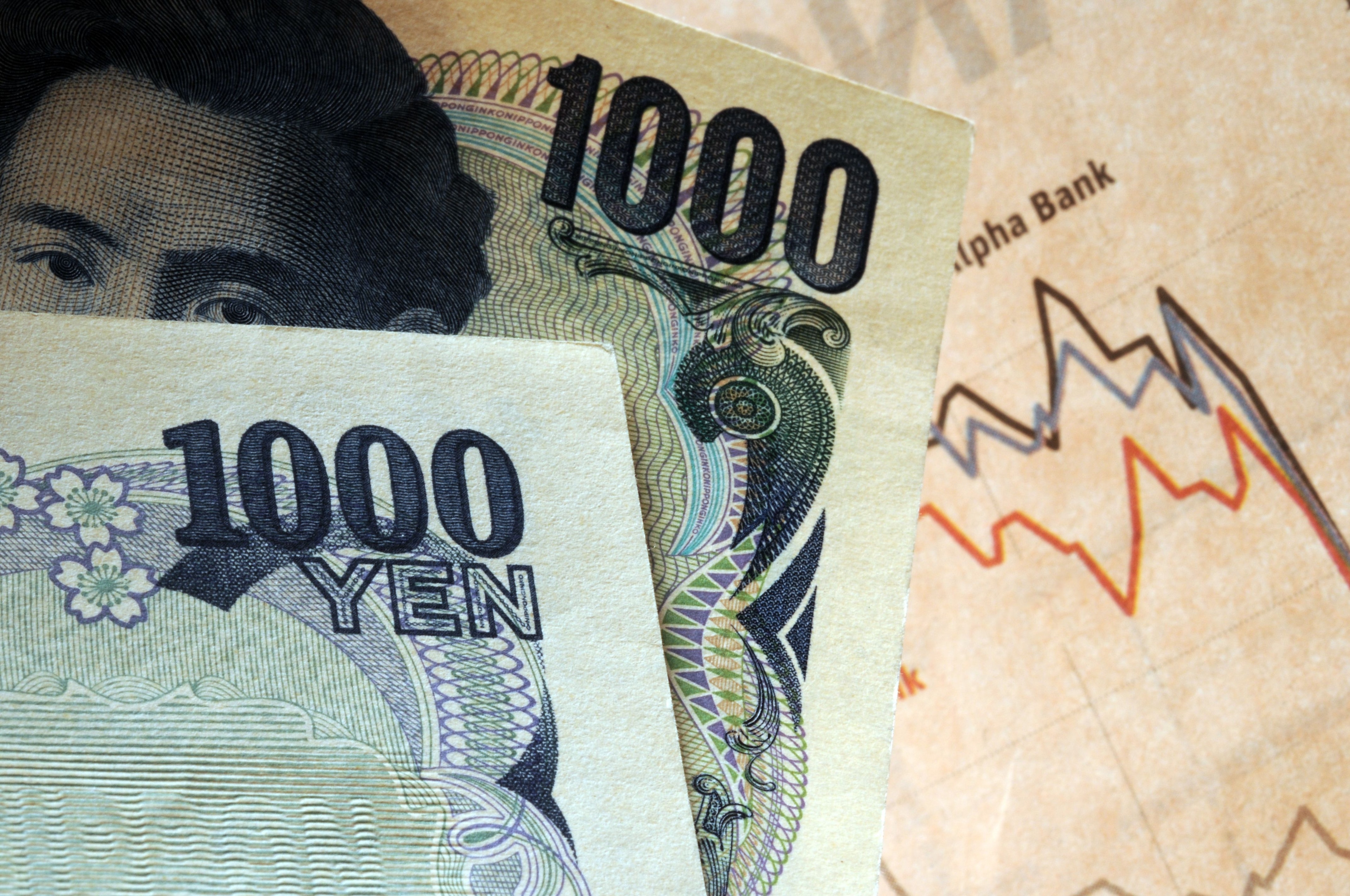 Two 1000-yen bills on top of a financial chart.