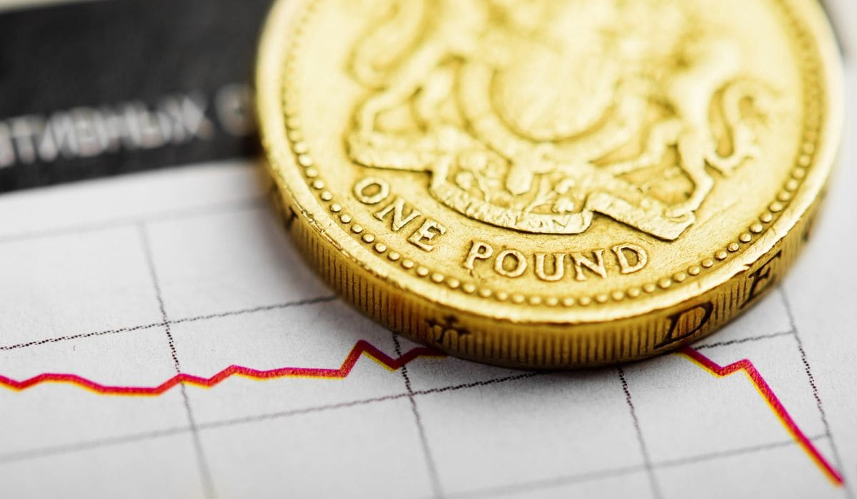 A £1 coin sitting on a chart with a red line
