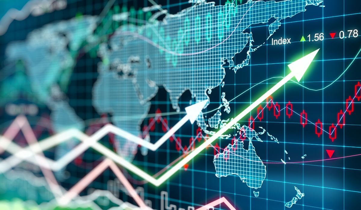 Indices dividend drop points: An illustration of share index movements over a world map.