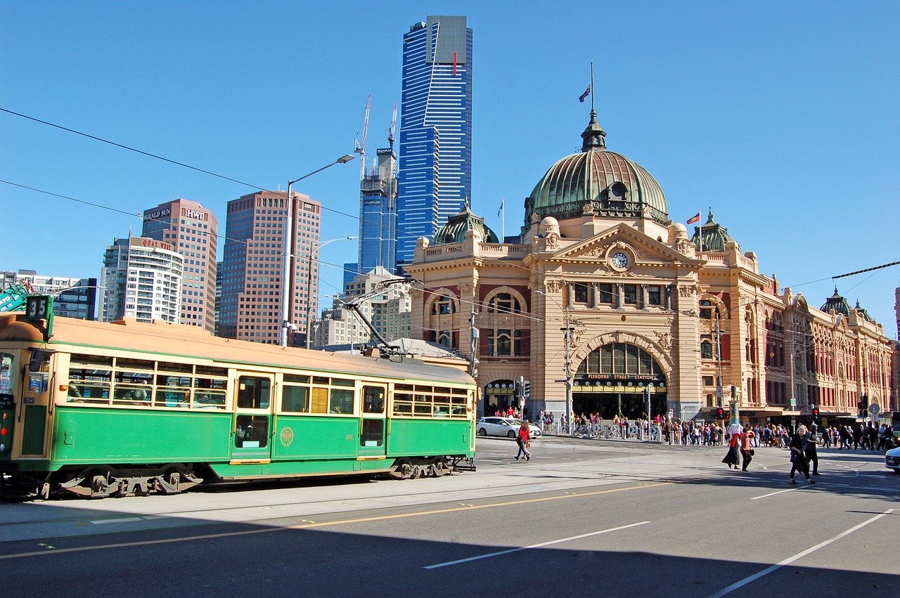 Melbourne in Australia with tram outside of Flinders Street railway station